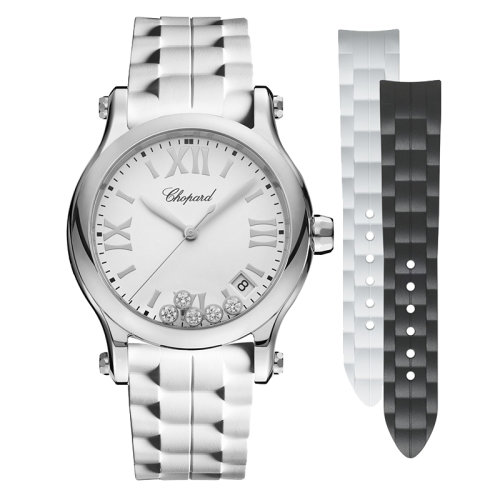  Chopard/蕭邦 Happy Sport系列 石英表精鋼表殼鑲鉆白盤橡膠表帶女表36毫米278582-3001