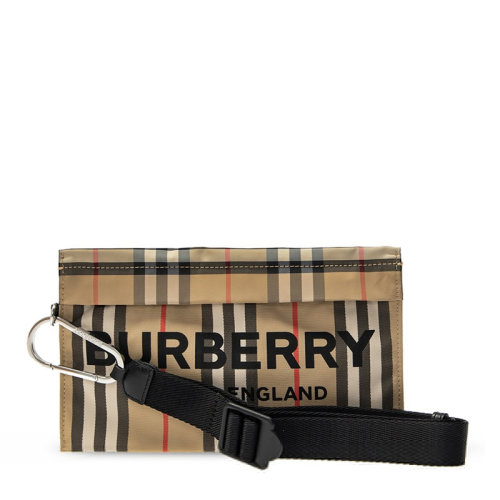 BURBERRY/博柏利 女士棕色復(fù)古格紋織物正面字母徽標(biāo)印花可拆卸腕帶手拿包晚宴包手包腕包女包 8026738