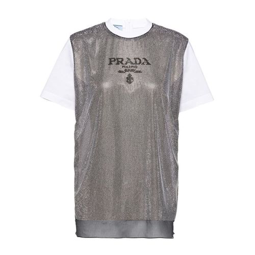 PRADA/普拉達 22年早春新款 女士白色/銀色微型鉚釘平紋針織雪紡棉質(zhì)短袖T恤3582AR_10AH_F0J36_S_221