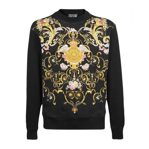 VERSACE JEANS/范思哲牛仔 男士黑色棉質(zhì)經(jīng)典彩色字母徽標(biāo)巴洛克圖案印花裝飾圓領(lǐng)長袖上衣衛(wèi)衣套頭衫運動衫 B7GWA7F4-13988-899