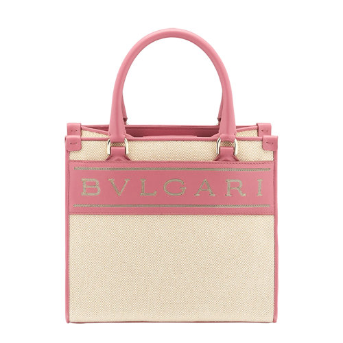 BVLGARI/寶格麗 BVLGARI LOGO系列 女士小號(hào)米色帆布粉色小牛皮Bvlgari徽標(biāo)印花手提單肩斜挎包291122