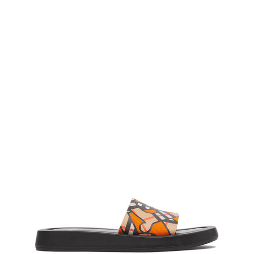 BURBERRY/博柏利 22年春夏新款 女士亮橘色棉麻混紡帆布面料老花印花拖鞋80561881