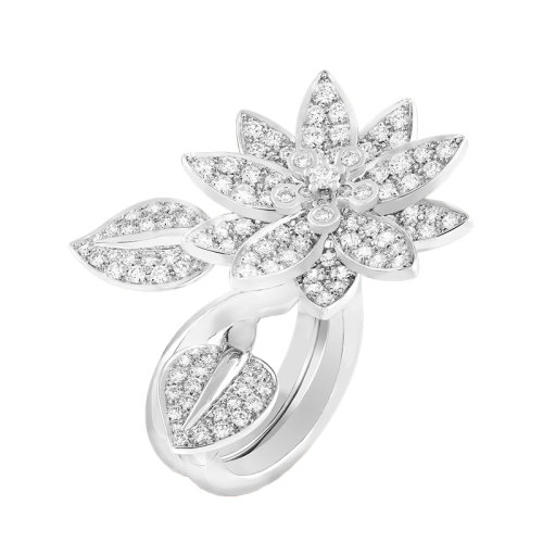 Van Cleef & Arpels/梵克雅寶 經(jīng)典Lotus系列 18k金白金鑲嵌鉆石滿鉆葉子蓮花開(kāi)口戒指指環(huán)VCARP1ND00