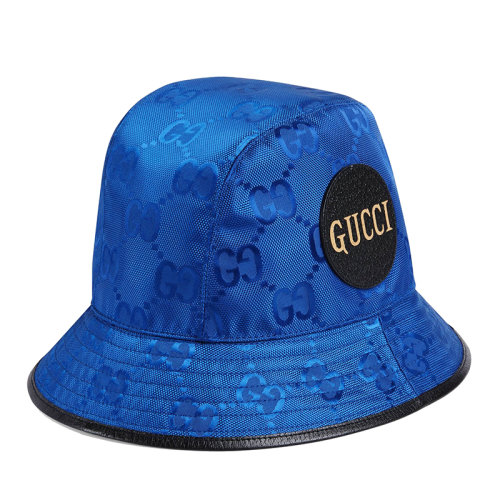 GUCCI/古馳 Off the Grid系列 男女同款藍(lán)色雙G提花再生尼龍黑色皮革飾邊漁夫帽6271154HK794360