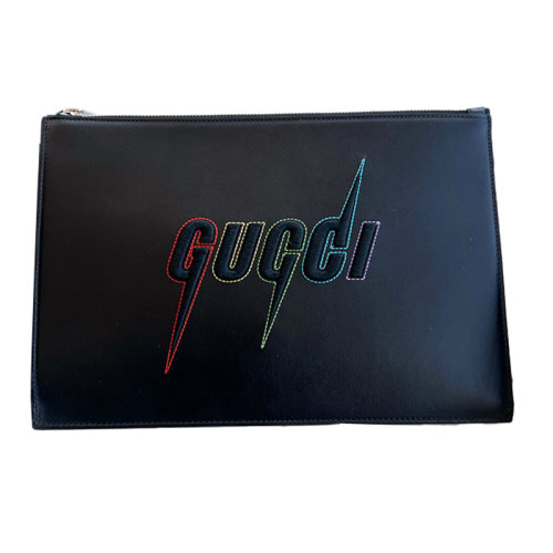 Gucci 古馳  鋒刃彩色刺繡logo手包 男女同款 黑色全皮
