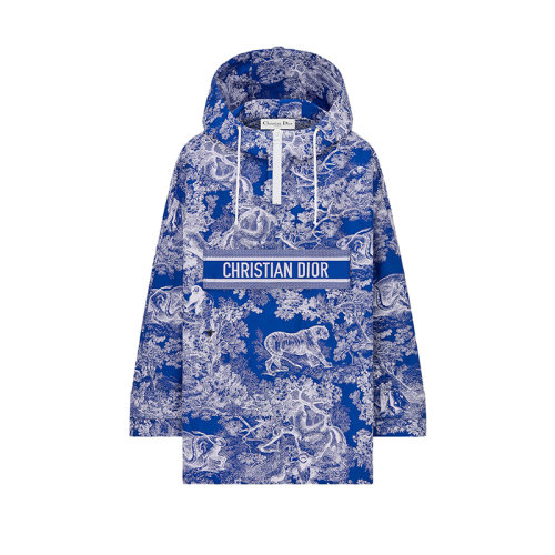 DIOR/迪奧 22年秋冬新款 女士湖藍(lán)色塔夫綢科技提花面料Reverse茹伊印花連帽厚夾克外套027C10A2826_X5882
