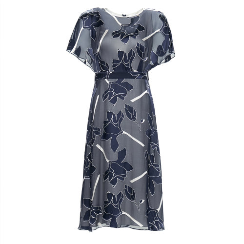 HUI/卉 女士連衣裙20春夏新款電光藍(lán)色兩件套真絲連衣裙立體玉蘭花印花收腰設(shè)計(jì)