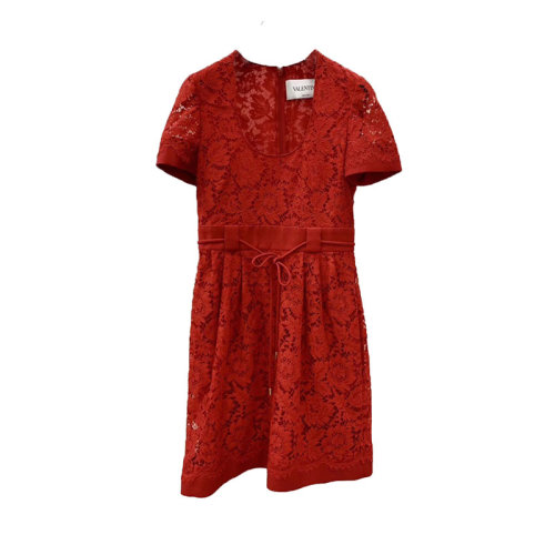 Valentino/華倫天奴  女裙 時尚百搭 蕾絲縷空 U領(lǐng) 女士紅色連衣裙 RB3VAL26360157  HKY210303