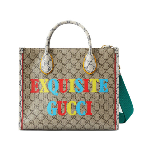 GUCCI/古馳 22新款Exquisite系列 男女同款小號烏木色/米色老花帆布飾主題彩色字母印花單肩手提托特包680956FAAWA9782