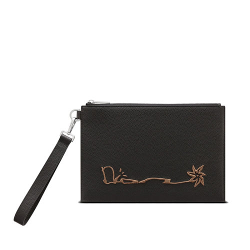 DIOR/迪奧 22新款CACTUS JACK聯(lián)名款 男士黑色粒面牛皮革刺繡標志拉鏈開合A5手拿包2ESCA338SOT_H03E