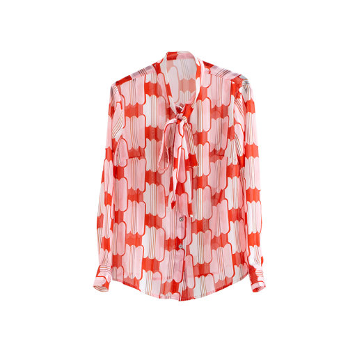 GeleiStory/GeleiStory 夏季新款明星同款花色蝴蝶結(jié)長袖優(yōu)雅系領(lǐng)結(jié)長袖襯衫 女士襯衫＞女士長袖襯衫