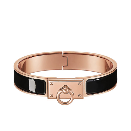 HERMES/愛馬仕 經(jīng)典Clic Anneau系列 黑色琺瑯鍍玫瑰金飾面細手鐲H708000FO01