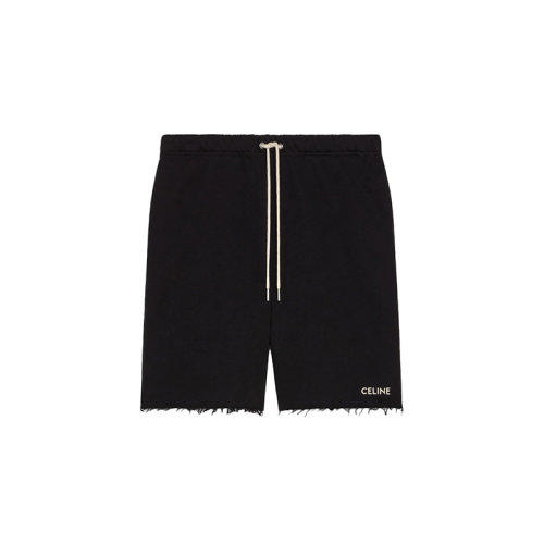 CELINE/賽琳 22年春夏新款 男士黑色/白色純棉抓絨Logo印花毛邊短褲2Z063670Q.38AW