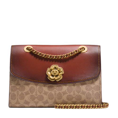 COACH/蔻馳(專柜) 暗紅色拼色PVC/配皮時尚單肩包鏈條包