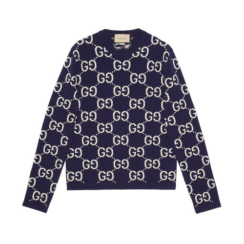 GUCCI/古馳 22年秋冬新款 男士藍(lán)色/象牙白色純羊毛老花鉆石菱格紋圖案衛(wèi)衣毛衣692900XKCC54492