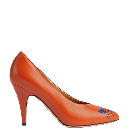 GUCCI/古馳 22年秋冬新款 adidas聯(lián)名系列 女士橙色皮革L(fēng)ogo印花淺口高跟鞋702213C9D007519