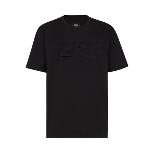 FENDI/芬迪 22年早春新款 男士黑色純棉浮雕FF Logo圖案短袖T恤FY0936AIU7F0QA1