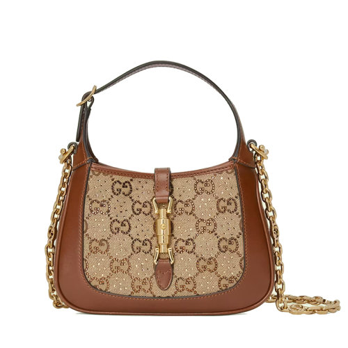 GUCCI/古馳 22新款Jackie 1961系列 女士迷你棕色/烏木飾水晶裝飾老花帆布配皮金扣金鏈單肩斜跨手提包67579921HRG2687