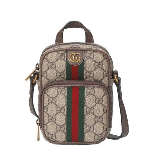 GUCCI/古馳 21新款Ophidia系列 迷你老花帆布棕色皮革滾邊經(jīng)典條紋織帶復(fù)古單肩斜挎包67168296IWT8745