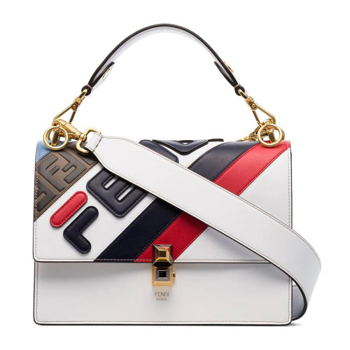 FENDI/芬迪  KAN I系列女士白藍拼色牛皮翻蓋大LOGO藍紅條紋裝飾單肩包手提包斜挎包女包 8BT283-A5PL-F15AS