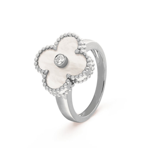 Van Cleef & Arpels/梵克雅寶  經(jīng)典Vintage Alhambra系列 18K金白金鑲嵌白色貝母和一顆鉆石四葉草戒指/指環(huán)