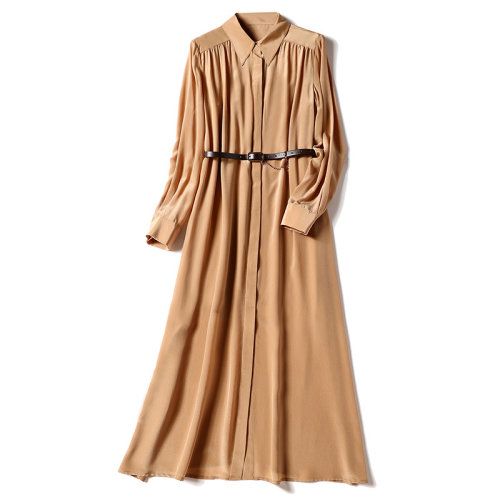 GeleiStory/GeleiStory春夏新款長(zhǎng)袖寬松藏肉桑蠶絲裙子法式顯瘦氣質(zhì)襯衫真絲長(zhǎng)裙女士連衣裙