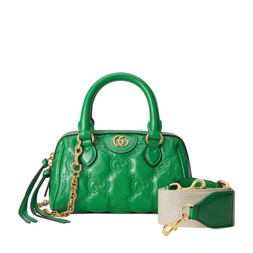 GUCCI/古馳 22新款 女士翠綠色GG壓紋絎縫皮革金色雙G標志拉鏈開合單肩手提包702251UM8HG3389