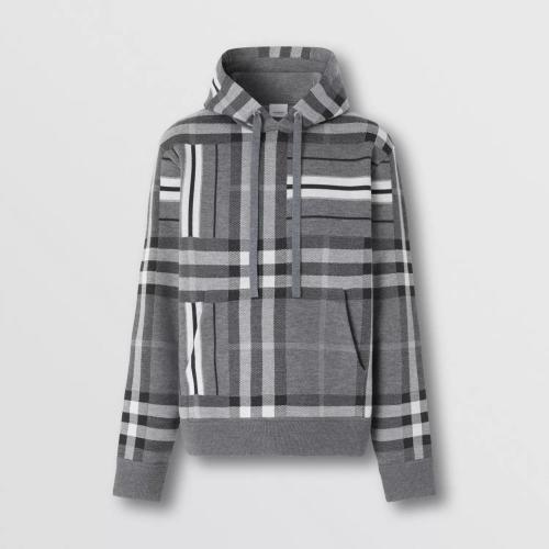  BURBERRY 22年秋冬 男士 格紋拼條紋提花羊毛混紡連帽衫 80579961