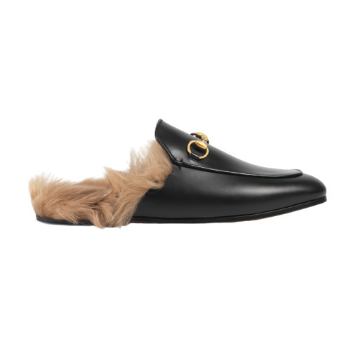 GUCCI/古馳 經(jīng)典款Princetown女士黑色皮革小羊絨襯里馬銜扣棉拖鞋?397749DKHH01063