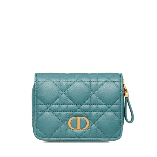 Dior/迪奧 22新款CARO系列 女士天藍(lán)色小牛皮藤格紋緝面線帶拉鏈緊湊型錢(qián)包S5032UWHC_M08Z