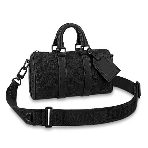 Louis Vuitton/路易威登 22新款KEEPALL 25系列 男士黑色老花壓印皮革配可拆卸肩帶單肩斜跨手提包M20900