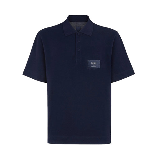 FENDI/芬迪 22年早春新款 男士深藍(lán)色純棉Logo提花刺繡短袖POLO衫FY1131A9RPF0QG3