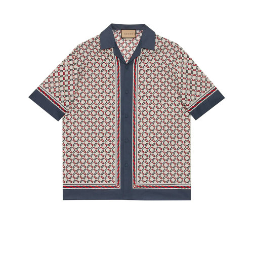 GUCCI/古馳 22年春夏新款 男士紅色/藍(lán)色純棉幾何G印花保齡球衫短袖襯衫690464ZAIZX9093