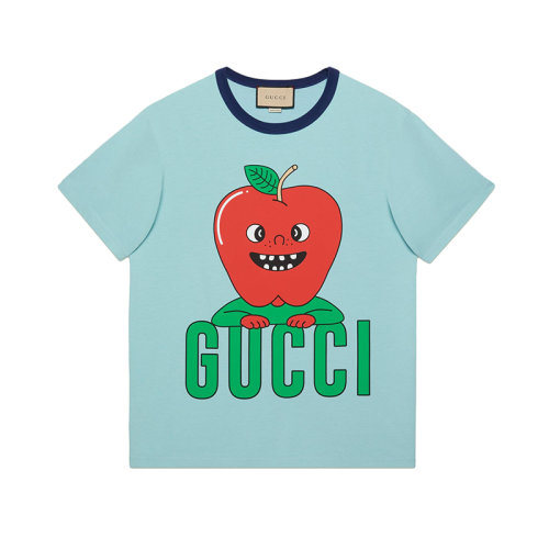 GUCCI/古馳 22年秋冬新款 愛(ài)的進(jìn)行曲系列 男士淺藍(lán)色純棉蘋(píng)果印花短袖T恤703439XJEI24673