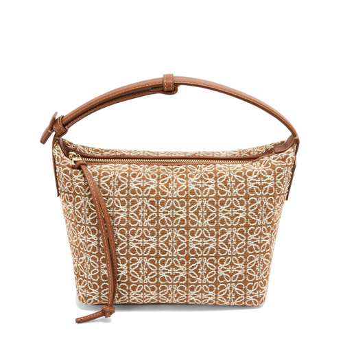 LOEWE/羅意威 22春夏新款Cubi系列 女士小號棕褐色山核桃色老花提花織物配小牛皮單肩手提包A906K75X06-2713