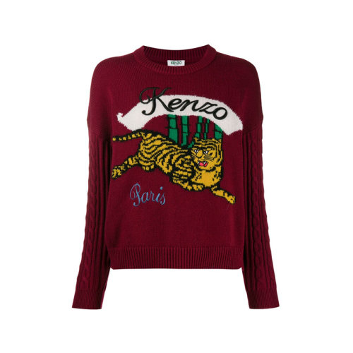 KENZO/高田賢三  凱卓女裝 經(jīng)典老虎圖案 女士酒紅色羊毛時(shí)尚圓領(lǐng)秋冬針織衫/毛衣 F962TO6363XC.23