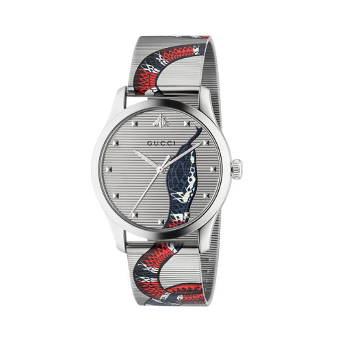 GUCCI/古馳  古馳G-Timeless系列鋼質(zhì)表殼帶印花蛇頭的網(wǎng)狀表盤和帶印花蛇身的鋼網(wǎng)手鏈腕表，38毫米