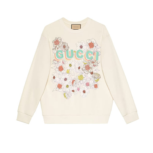 GUCCI/古馳 22年秋冬新款 Lovelight系列 女士白色純棉重磅毛氈面料花卉印花毛衣?706121XJEQL9150