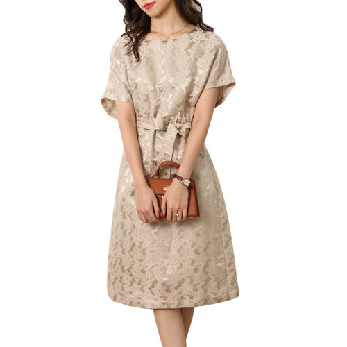 GeleiStory/GeleiStory  夏季新款短袖桑蠶絲提花絲麻連衣裙  女裝＞女士裙裝＞女士連衣裙