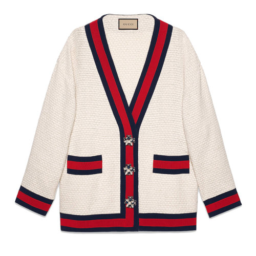 GUCCI/古馳 女士白色棉質(zhì)紅藍滾邊超大號花呢開衫夾克?469657ZID869401