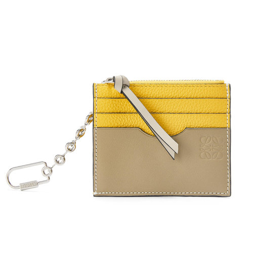 LOEWE/羅意威 22新款 女士黃/粘土綠色小牛皮配銀色鑰匙扣拉鏈開(kāi)合多卡槽錢包卡包鑰匙包C821B35X01-0013