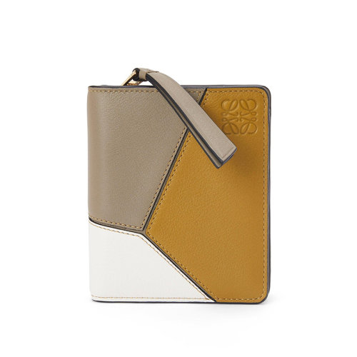 LOEWE/羅意威 22年新款Puzzle系列 女士月桂綠/赭石色/灰色三色拼接牛皮革拉鏈開合雙折緊湊拼圖錢包C510Z41X01-1855
