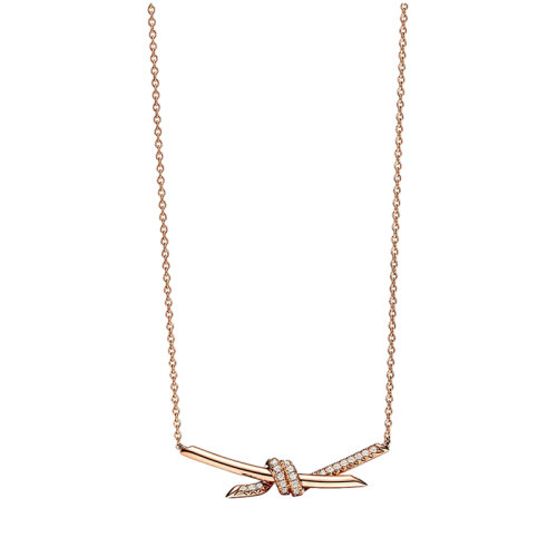 Tiffany & Co./蒂芙尼 22春夏新款 Knot系列 18K金 玫瑰金色 鑲鉆繩結(jié)吊墜項鏈69683231