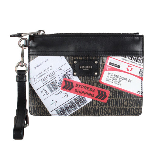 MOSCHINO/莫斯奇諾  男包女包黑色快遞單圖案手拿包   $A84068201A2448