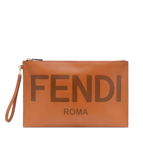 FENDI/芬迪  女士棕色小牛皮拉鏈FENDI ROMA熱印圖案手拿袋8N0178AC9LF0QVK