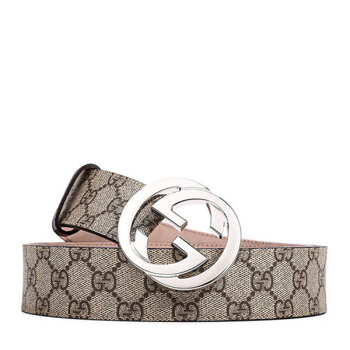 GUCCI/古馳  男士 棕色老花 雙G壓紋 板扣皮帶腰帶 銀扣4CM