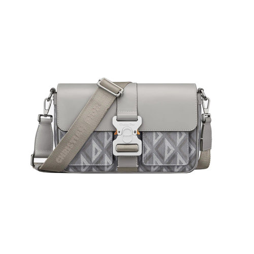 DIOR/迪奧 23新款 男士灰色帆布配皮字母標(biāo)志鋁扣翻蓋開合尼龍?zhí)峄ú鹦墩{(diào)節(jié)肩帶單肩包1ESME157CDP_H42E