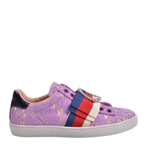 GUCCI/古馳 女士香芋紫蕾絲運(yùn)動(dòng)鞋 鉆扣配經(jīng)典配色緞帶蝴蝶結(jié)ak