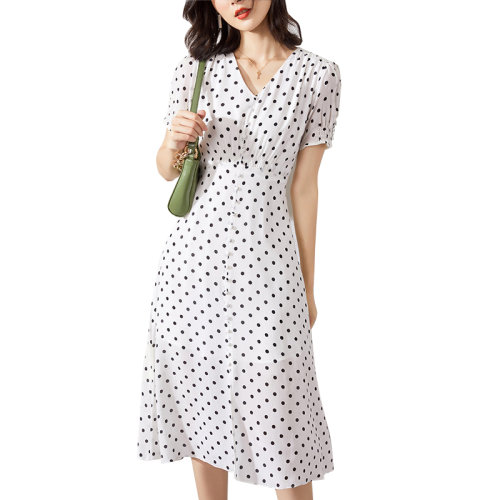 GeleiStory/GeleiStory  新款時尚波點印花v領(lǐng)短袖大擺裙氣質(zhì)收腰真絲連衣裙  女裝＞女士裙裝＞女士連衣裙