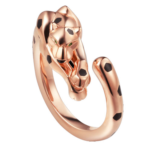 CARTIER/卡地亞 PANTHèREDE系列 玫瑰金石榴石瑪瑙黑漆獵豹戒指